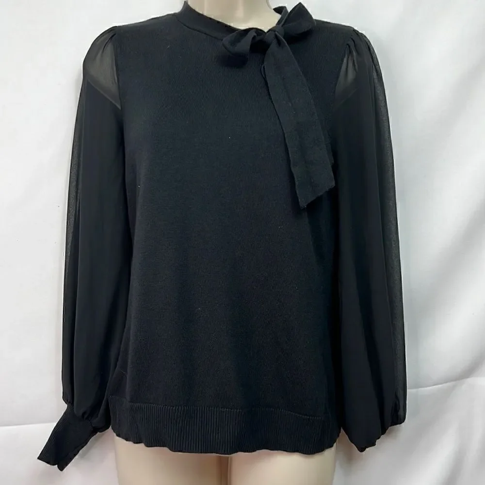 CeCe tie neck black multi medium sweater with chiffon sleeves size XS NWT